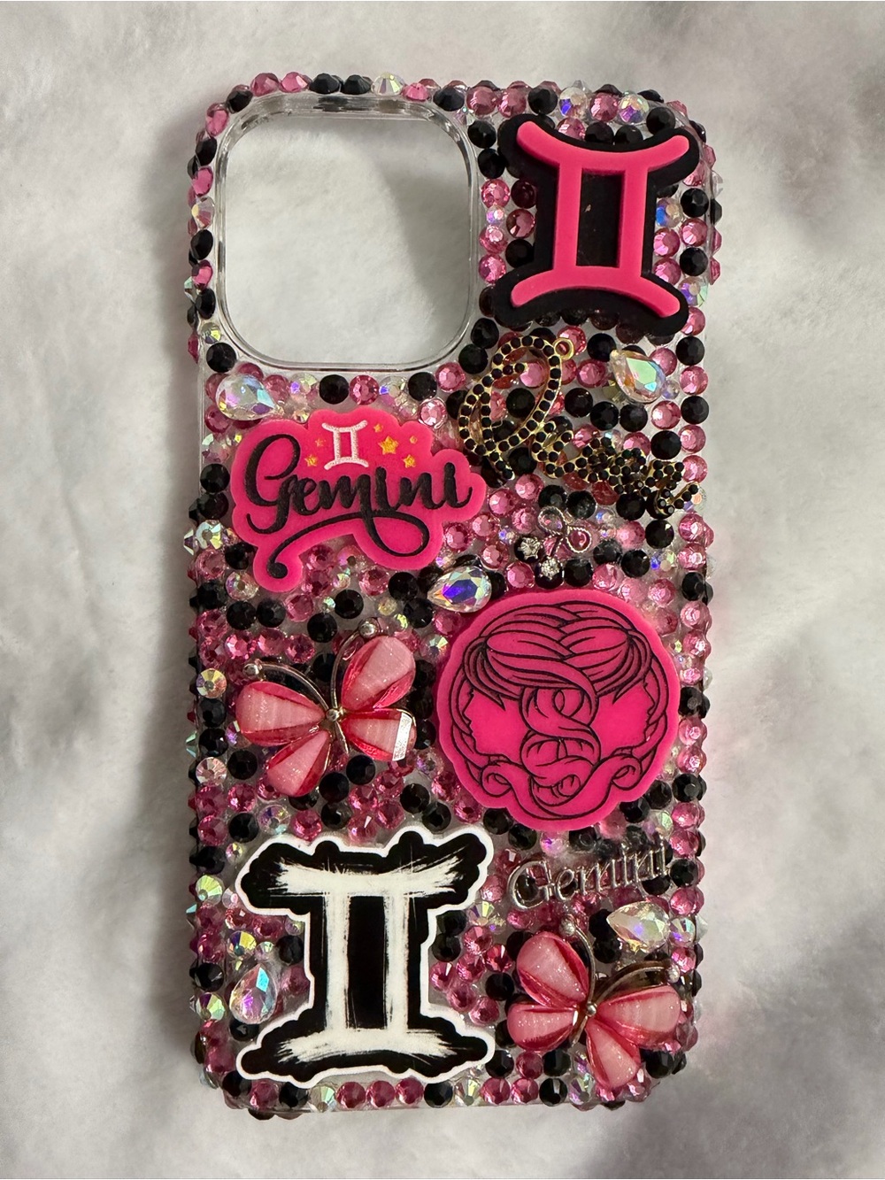 Handmade Pink Gemini Rhinestone iPhone 13 Pro Max Phone Case with Zodiac Charms